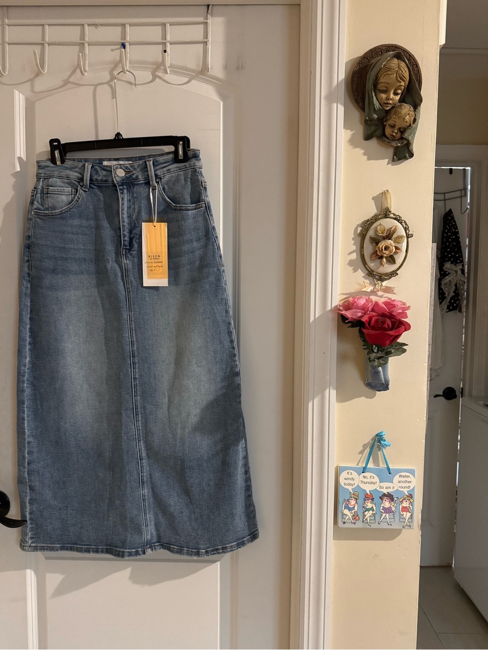 Light Wash Denim Midi Skirt with Front Seam - Unbranded